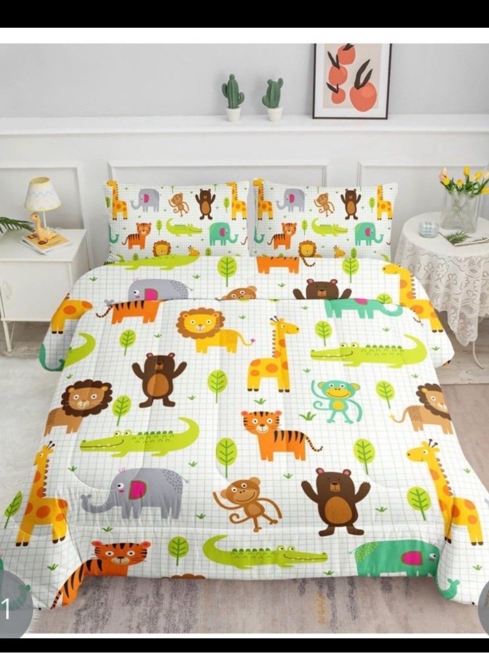 Kids Jungle Animal Bedding Set - White with Multicolor Animals